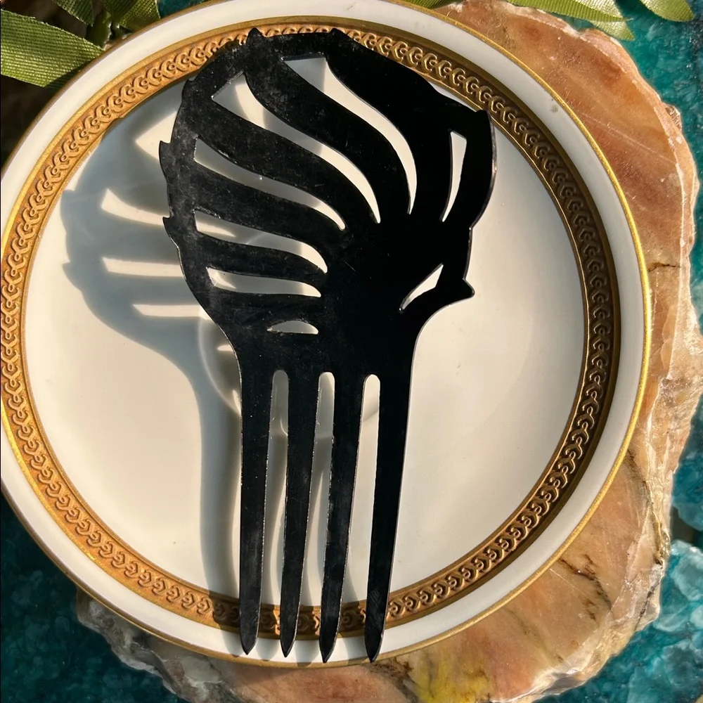 Vintage Black Celluloid Spanish Style Art Nouveau Hair Comb w Red Rhinestones